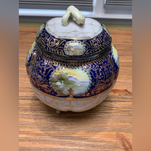 Nippon Vintage Ornate Blue and Gold Covered Jar With Landscape Scenes - Picture 2 of 16
